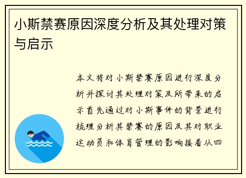 小斯禁赛原因深度分析及其处理对策与启示